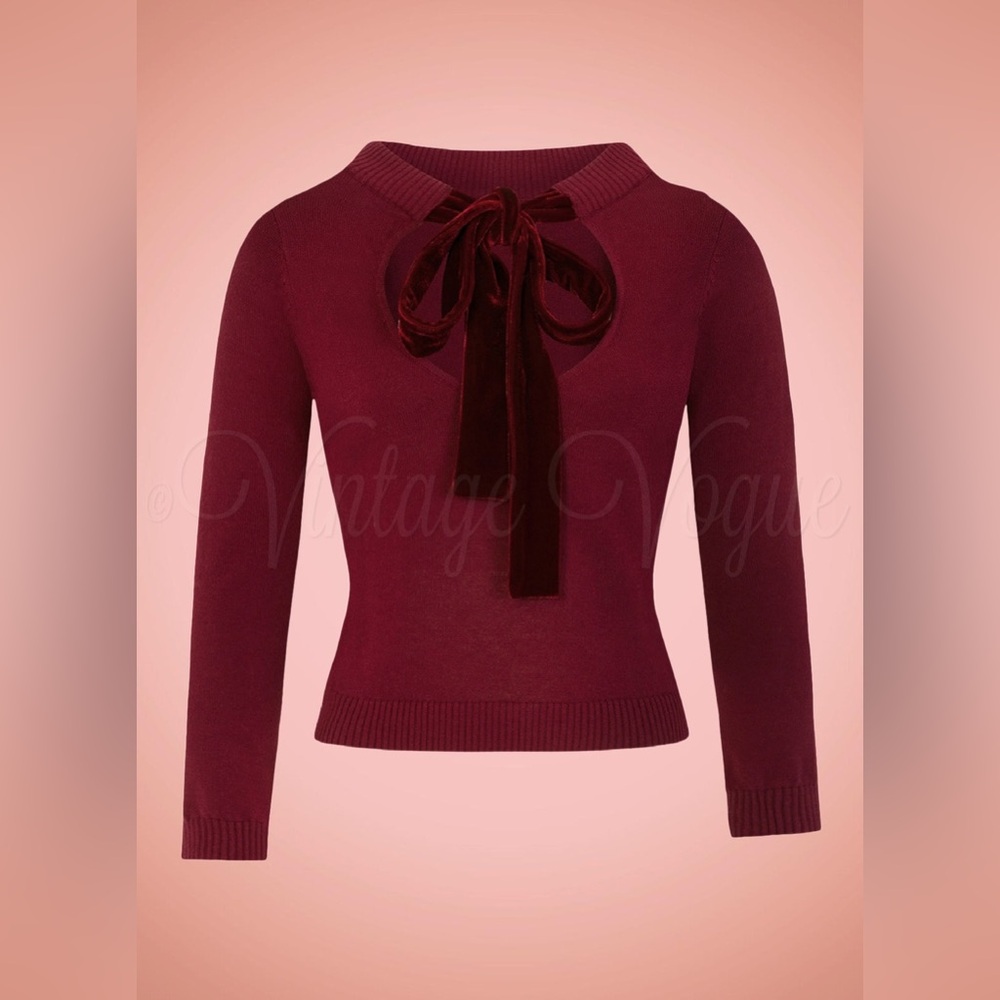 Collectif x ModCloth 1940S Vintage Velvet Bow Keyhole Sweater Tracey Jumper Wine